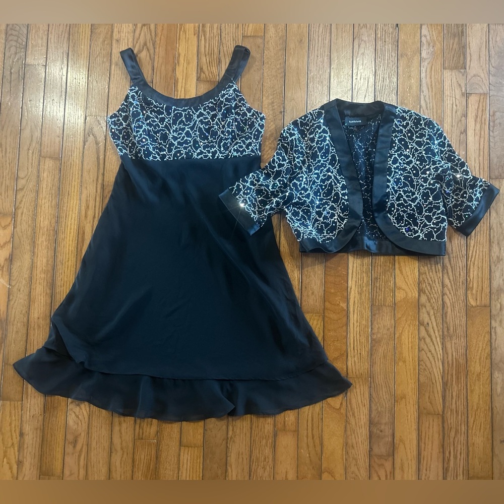 R&M Richards Black Beaded Dress & Jacket Set Size 4/6